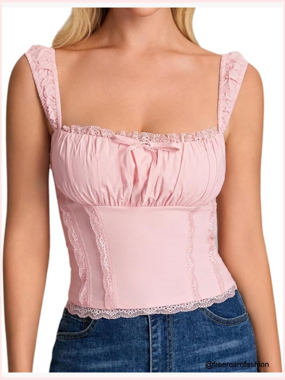 Square Neck Crop Tank Top Lace Trim Ruched Sleeveless Bustier Going Out Top
